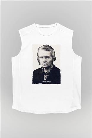Marie Curie Yazılı Portre Baskılı Unisex Kolsuz Beyaz Tişört - Tshirt
