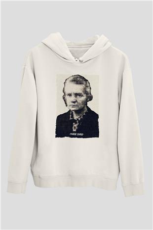 Marie Curie Yazılı Portre Baskılı Unisex Ekru Hoodie