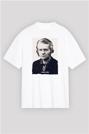 Marie Curie Yazılı Portre Baskılı Unisex Oversize Beyaz Tişört - Tshirt