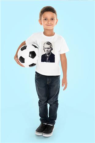 Marie Curie Yazılı Portre Baskılı Unisex Beyaz Çocuk Tişörtü - Tshirt