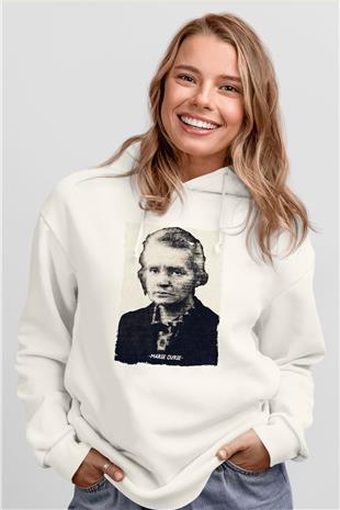 Marie Curie Yazılı Portre Baskılı Unisex Ekru Hoodie