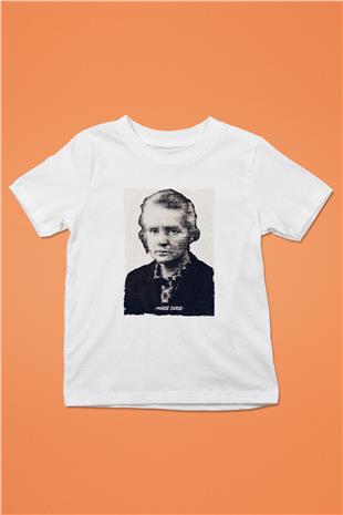 Marie Curie Yazılı Portre Baskılı Unisex Beyaz Çocuk Tişörtü - Tshirt