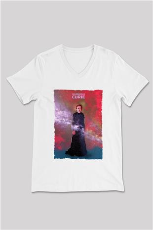 Marie Skłodowska Curie Renkli Baskılı Unisex V Yaka Beyaz Tişört - Tshirt