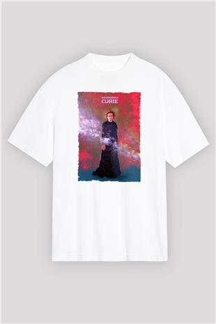 Marie Skłodowska Curie Renkli Baskılı Unisex Oversize Beyaz Tişört - Tshirt