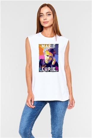 Marie Sklodowska Curie Baskılı Unisex Kolsuz Beyaz Tişört - Tshirt