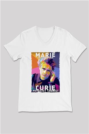 Marie Sklodowska Curie Baskılı Unisex V Yaka Beyaz Tişört - Tshirt
