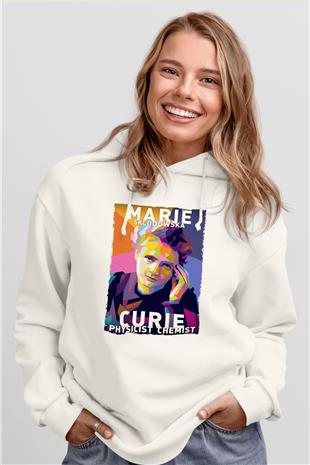 Marie Sklodowska Curie Baskılı Unisex Ekru Hoodie