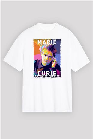 Marie Sklodowska Curie Baskılı Unisex Oversize Beyaz Tişört - Tshirt