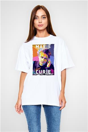 Marie Sklodowska Curie Baskılı Unisex Oversize Beyaz Tişört - Tshirt