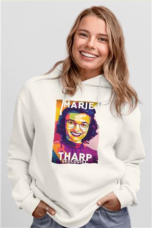 Marie Tharp Baskılı Unisex Ekru Hoodie