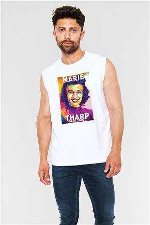 Marie Tharp Baskılı Unisex Kolsuz Beyaz Tişört - Tshirt
