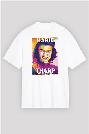 Marie Tharp Baskılı Unisex Oversize Beyaz Tişört - Tshirt