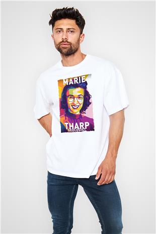 Marie Tharp Baskılı Unisex Oversize Beyaz Tişört - Tshirt