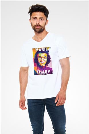 Marie Tharp Baskılı Unisex V Yaka Beyaz Tişört - Tshirt