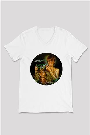 Marillion Baskılı Beyaz Unisex V Yaka Tişört - Tshirt