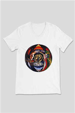 Marillion Baskılı Beyaz Unisex V Yaka Tişört - Tshirt