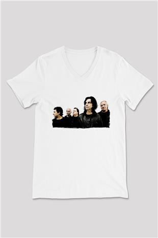 Marillion Baskılı Beyaz Unisex V Yaka Tişört - Tshirt