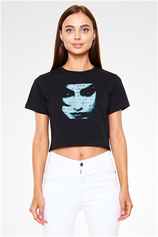 Marillion Baskılı Siyah Crop Top Kadın Tişört - Tshirt