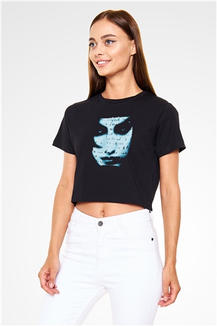 Marillion Baskılı Siyah Crop Top Kadın Tişört - Tshirt