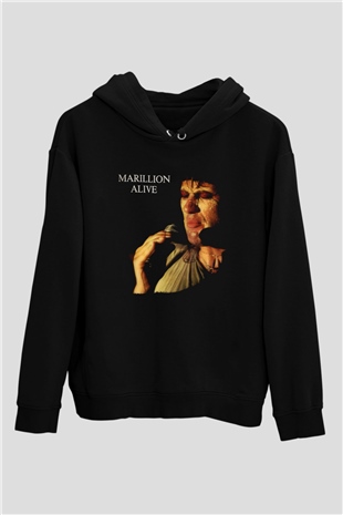 Marillion Baskılı Unisex Siyah Kapüşonlu Sweatshirt