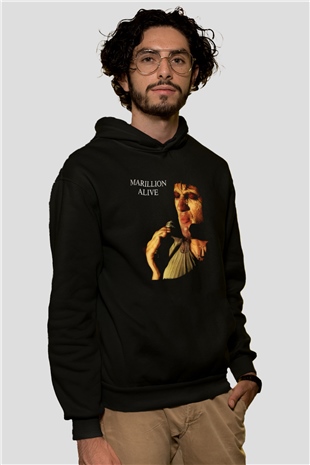Marillion Baskılı Unisex Siyah Kapüşonlu Sweatshirt