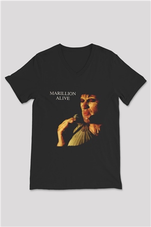 Marillion Baskılı Unisex Siyah V Yaka Tişört - Tshirt