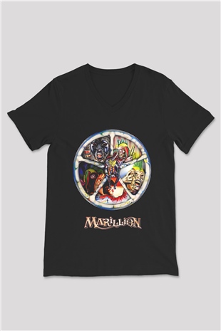 Marillion Baskılı Unisex Siyah V Yaka Tişört - Tshirt