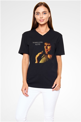Marillion Baskılı Unisex Siyah V Yaka Tişört - Tshirt