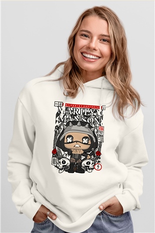 Marilyn Manson Baskılı Unisex Beyaz Hoodie