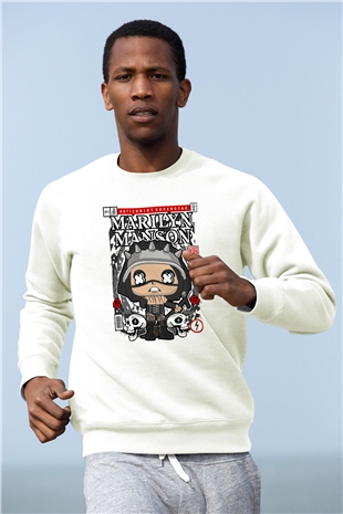Marilyn Manson Baskılı Unisex Beyaz Sweatshirt