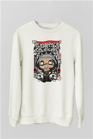 Marilyn Manson Baskılı Unisex Beyaz Sweatshirt