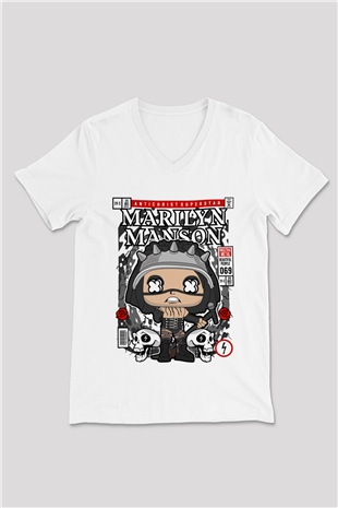 Marilyn Manson Baskılı Unisex Beyaz V Yaka Tişört