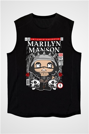 Marilyn Manson Baskılı Unisex Siyah Kolsuz Tişört