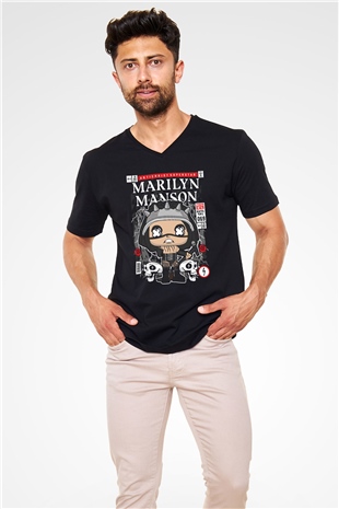 Marilyn Manson Baskılı Unisex Siyah V Yaka Tişört