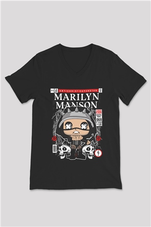 Marilyn Manson Baskılı Unisex Siyah V Yaka Tişört