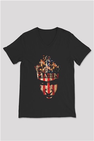 Marilyn Manson Siyah Unisex V Yaka Tişört T-Shirt