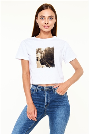 Marilyn Monroe Baskılı Beyaz Kadın Crop Top Tişört
