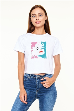 Marilyn Monroe Baskılı Beyaz Kadın Crop Top Tişört
