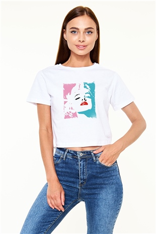 Marilyn Monroe Baskılı Beyaz Kadın Crop Top Tişört