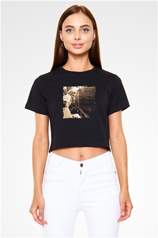 Marilyn Monroe Baskılı Siyah Kadın Crop Top Tişört