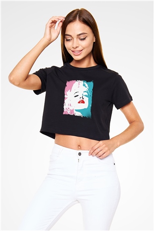 Marilyn Monroe Baskılı Siyah Kadın Crop Top Tişört