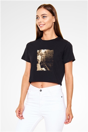 Marilyn Monroe Baskılı Siyah Kadın Crop Top Tişört