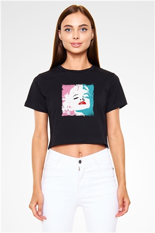 Marilyn Monroe Baskılı Siyah Kadın Crop Top Tişört