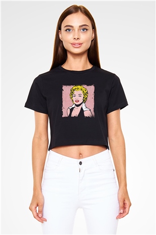 Marilyn Monroe Baskılı Siyah Kadın Crop Top Tişört