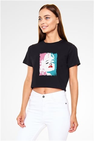 Marilyn Monroe Baskılı Siyah Kadın Crop Top Tişört