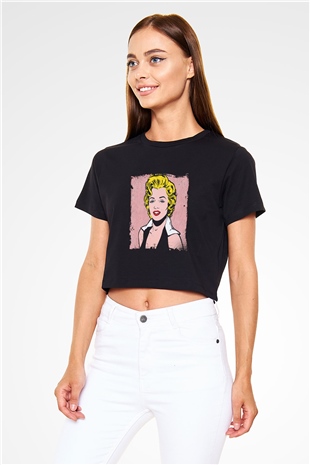 Marilyn Monroe Baskılı Siyah Kadın Crop Top Tişört