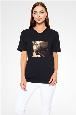 Marilyn Monroe Baskılı Unisex Siyah V Yaka Tişört