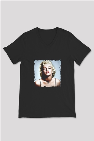 Marilyn Monroe Baskılı Unisex Siyah V Yaka Tişört