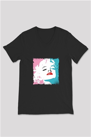 Marilyn Monroe Baskılı Unisex Siyah V Yaka Tişört