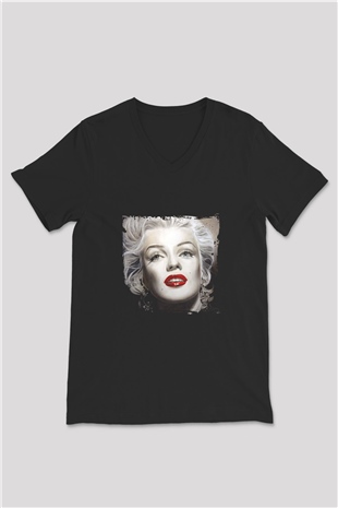 Marilyn Monroe Baskılı Unisex Siyah V Yaka Tişört